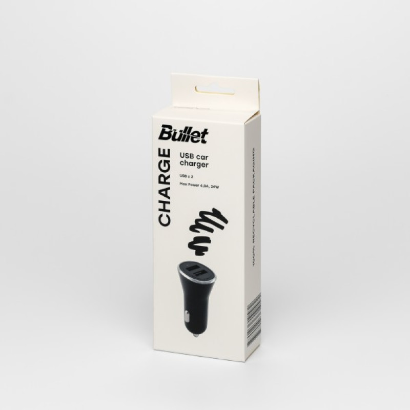 Bullet USB auto lādētājs 5V 2.4A un 2.4A 24W