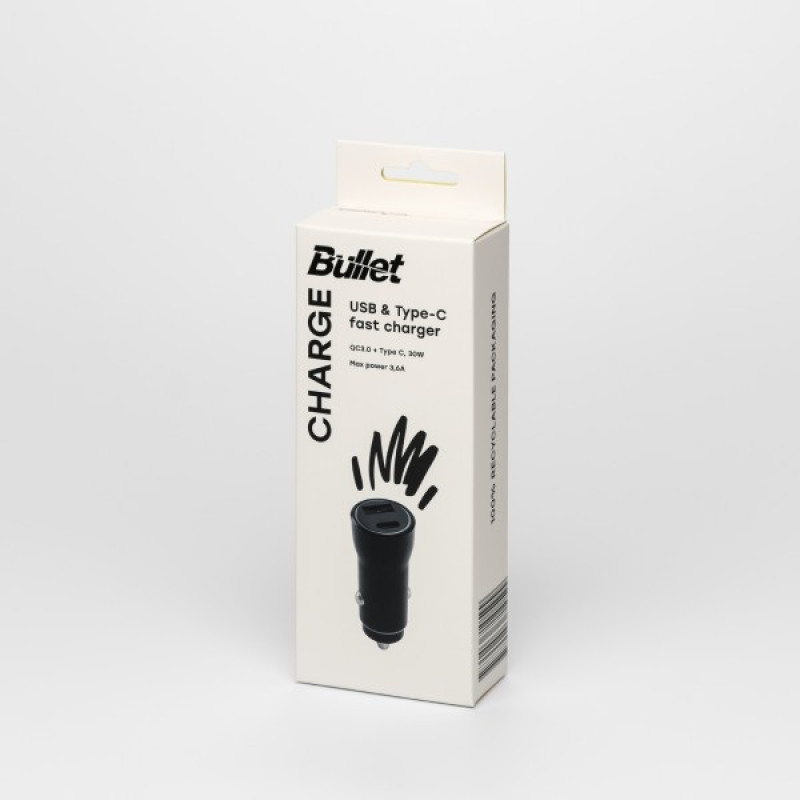 Bullet USB auto lādētājs Q3.0 un Type C 2.4A 30W