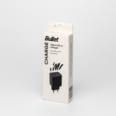 Bullet tūrisma lādētājs USB 2,1A, Type C 3.6A Q3.0 20W