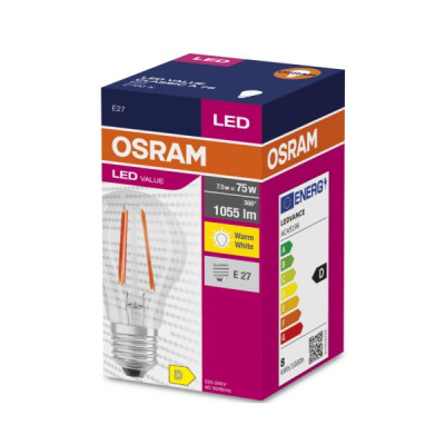 Ledvance OS LED value clasSIC A FIL 75 non-dim 7,5W/827 E27 spuldze