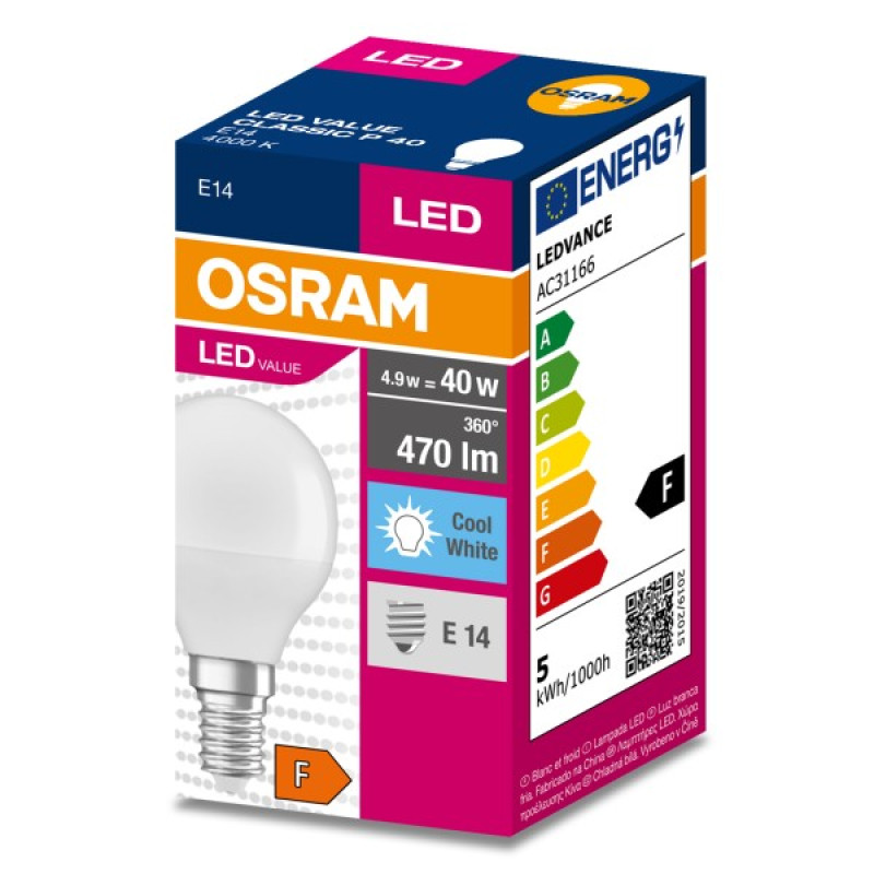 Ledvance OS LED value CL P FR 40 non-dim  4.9W/840 E27 spuldze